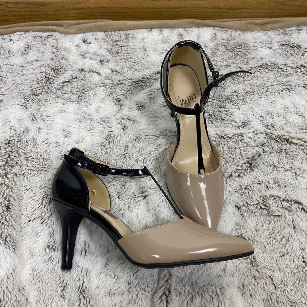 IMPO color blocking heels Black and beige glossy shoe metal strip city chic glam